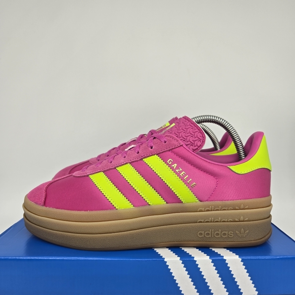 New Adidas Gazelle Bold Lucid Fuchsia Solar Slime Satin Women's Shoes Size 9.5 - Picture 1 of 8